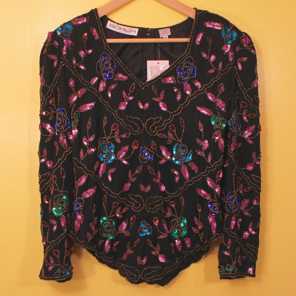 Scala Tops - NEW Vintage Sequin Rose Top Long Sleeve Cocktail
